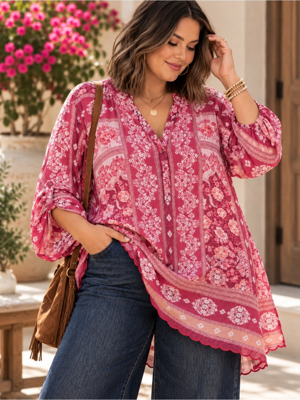 Johnny Was Pink Floral Border Print Boho Tunic Blouse 2X Plus Size #750